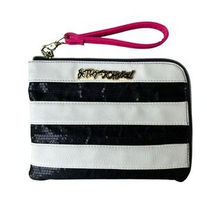 Betsey Johnson Pouch Bag 9x7 Inch Floral Lining Sequin Black White Gold‎ Zip EUC